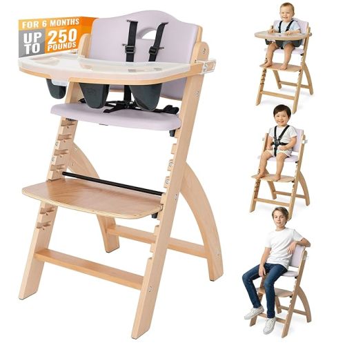 Abiie Beyond Junior Convertible Wooden High Chair with Removable Tray | 3-in-1 Adjustable Highchair for Babies & Toddlers, Fits 6 Mos to 250 lbs, Water-Resistant, Natural Wood w/ Olive Cushion