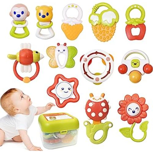 12PCS Baby Rattles Toys Set with Storage Case, Teething Toys for Babies,Newborn Present for Baby Boys and Girls 0 1 2 3 4 5 6 7 8 9 10 11 12 Months