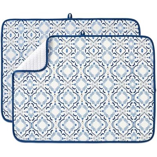 FRESHMINT Printed Dish Drying Mats for Kitchen Counter 2 Pack Absorbent Reversible Drying Mats Microfiber Kitchen Countertop Protector Dishes Drying Pad Extra Large 18"x24" Dish Mat