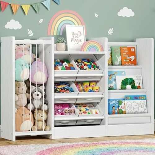 BOLUO Kids Toy Storage Organizer with Bookshelf, 3-in-1 Kid Book and Toy Storage Holder Shelves for Baby Toddler Playroom Living Room White