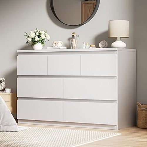 White 7 Drawer Dresser for Bedroom,Modern Wood Chest of Drawers,Closet Clothes Storage Organizer with Deep Drawers for Living Room Hallway Entryway,Nursery (15.3" D x 47.2" W x 32.3" H)