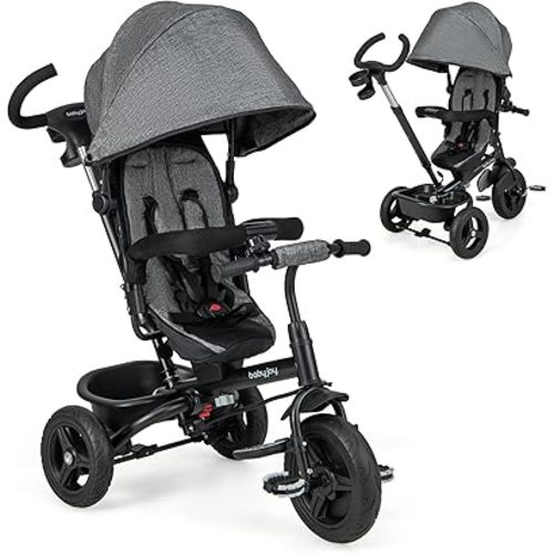 BABY JOY Tricycle, 6 in 1 Tricycle for Toddler w/Reversible Seat, Adjustable Canopy & Parent Handle, 5-Point Safety Belt, PU Wheels and Storage Basket, Push Tricycle for 9-60 Months (Gray)
