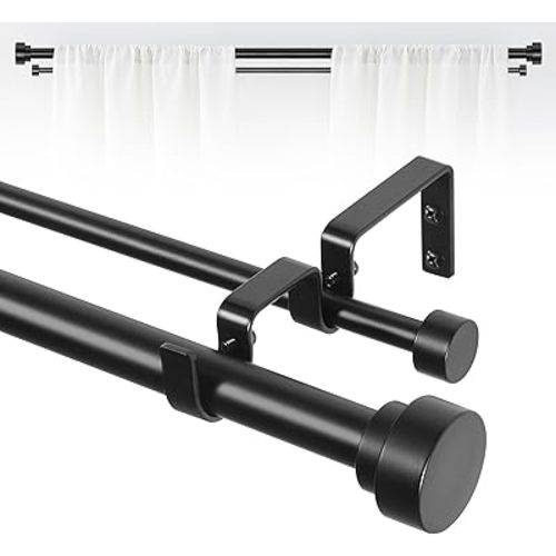 Black Double Curtain Rods for windows 36 to 88:Adjustable Heavy Duty Double Curtain Rod for Bedroom Living Room,1Inch Matte Black Iron Moden Decorative Telescopic Dual Drapery Rod Easy Install