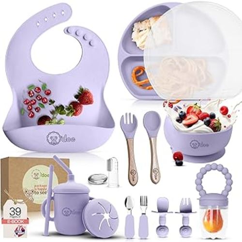 O'doe 17-Piece BPA-Free Silicone Baby Feeding Set | Thick & Soft Suction Plates, Baby Bowls, Wooden Fork & Spoon, and More | Make Mealtime Fun and Easy for Your Little One (Purple, V2)