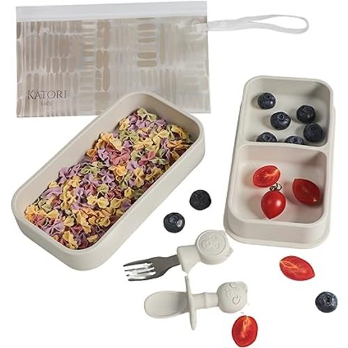 KATORI KIDS Suction Plate for Baby To Go | 5pc Travel Silicone Baby Plate Feeding Set with Travel Bag | Toddler Plate | Baby Travel Essential | Baby Bowl | Platos para Bebes (Boho Creme)