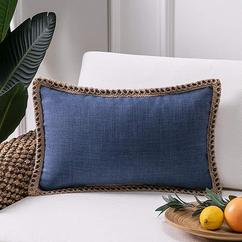 Phantoscope Farmhouse Solid Throw Decorative Pillow Cover Burlap Linen Trimmed Tailored Edges Outdoor Pillow Navy Blue 12 x 20 inches, 30 x 50 cm