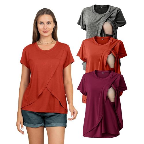 Rnxrbb 3 Pack Women's Nursing Tops for Breastfeeding Summer Short Sleeve T Shirts Postpartum Double Layer Clothes