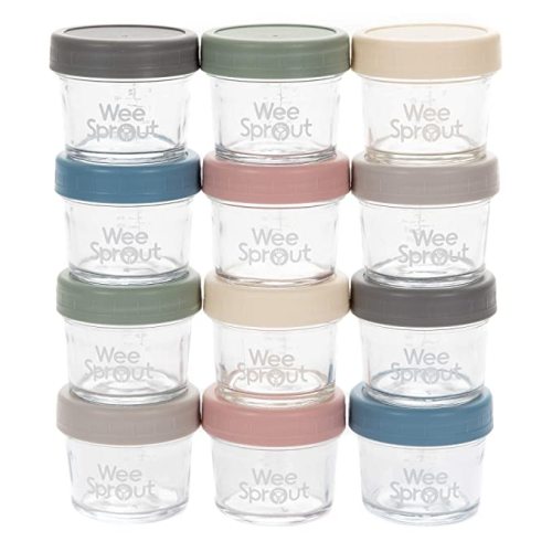 WeeSprout Glass Baby Food Storage Jars - 12 Set, 4 oz Baby Food Jars with Plastic Lids, Freezer Storage, Reusable Small Glass Baby Food Containers, Microwave & Dishwasher Safe, for Infant & Baby Food - Matte Variety - 4 oz (Original Logo + Plastic Lids)