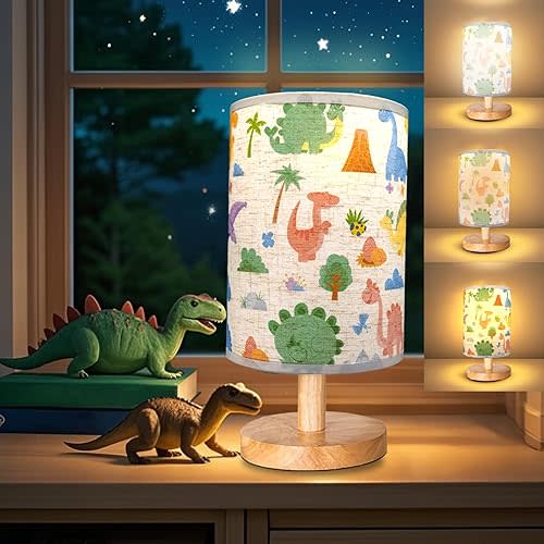 Dinosaur Lamp, Dinosaur Room Decor for Boys, 3 Level Dimmable Wood Nightstand Desk Base Flaxen Fabric Shade for Bedroom Living Room, Dino Gifts for Boys