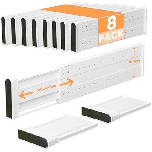 8 Pack Drawer Dividers for Clothes Adjustable Drawer Dividers 4" High Expandable from 15"-21" Drawer Dividers for Dresser Baby Clothes Bathroom,Bedroom Kitchen and Office Storage,White