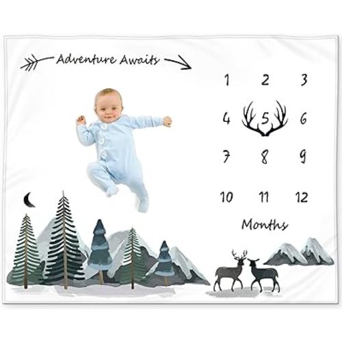 Baby Monthly Milestone Blanket Boy - Milestone Blanket for Baby Boy Includes Felt Frame, Adventure Mountain Month Blanket Woodland Nursery, Baby Shower Baby Milestone Blanket, 50x40