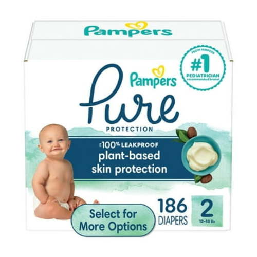 Pampers Pure Protection Diapers Size 2, 186 Count - Hypoallergenic, Shea Butter Enriched, 12 Hour Leakage Protection