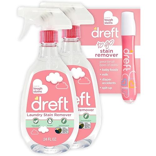 Dreft Stain Remover for Baby Clothes, Fragrance Free and Hypoallergenic Baby Stain Remover Spray Plus Travel Size Stain Treater Pen, 24 Fl Oz ( Pack of 2 + Stain Pen)