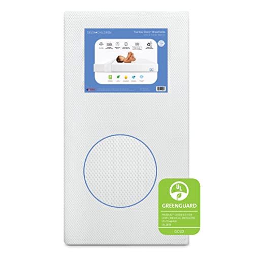 Delta Children Twinkle Stars Breathable Baby Bed Crib Mattress and Toddler with Removable/Machine Washable Cover - GREENGUARD Gold – Waterproof Sustainably Sourced Core Fiber Core, White