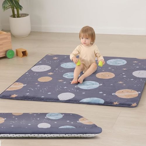 Huloo Sleep Baby Play Mat for Floor,1.3" Thick Elasti-Foam 50"×50" Playpen Mat for Tummy Time,Non-Toxic Certified Water Repellent Soft Coral Velvet for Toddler,Infant,Kids,Non-Slip Backing Safe for Crawling(Dark Grey)