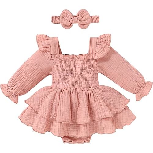 YOUNGER TREE Baby Girl Fall Clothes Infant Long Sleeve Ruffle Romper Dress with Headband Cute Toddler Winter Outfits