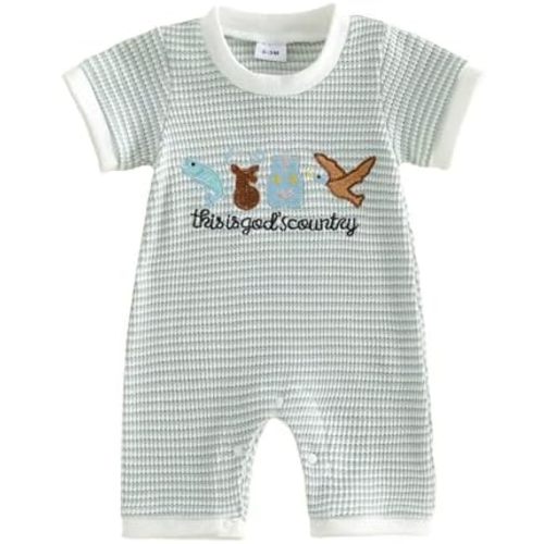 Summer Newborn Baby Boy Hunting Outfit Mallard Duck Romper Short Sleeve Waffle Striped Jumpsuit One Piece Clothes