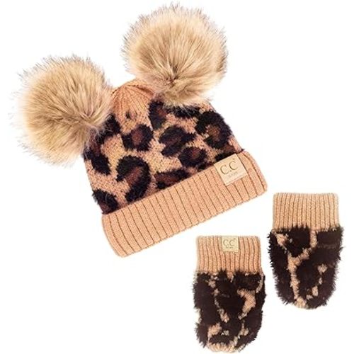 Funky Junque Knit Infant Double Pom Pom Beanie and Matching Fleece Lined Soft Mittens Set for Baby Newborn Boy Girl