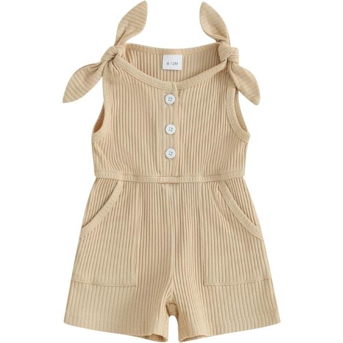 Fernvia Toddler Baby Girl Summer Clothes Sleeveless Ribbed Knitted Jumpsuit Shorts Overalls Baby One Piece Outfit - A Khaki - 6-12 Months