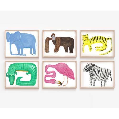Jungle Animals Gallery Wall, Safari Wall Art Illustrations, Funky Animal Posters Set of 6, Quirky Kids Wall Art, Fun Colorful Kids Prints