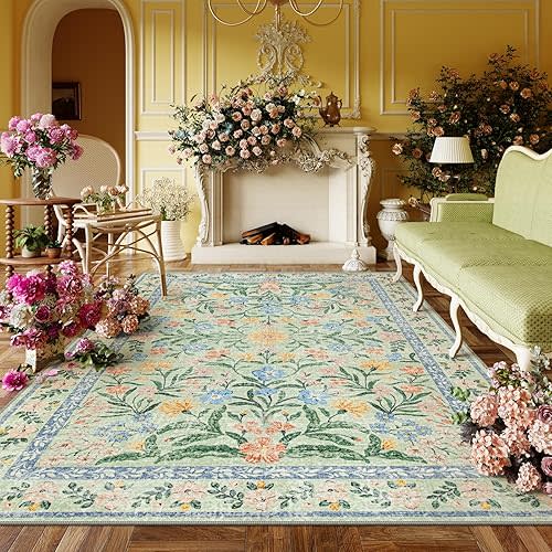 Lahome Washable 5x7 Area Rugs, Boho Pink and Green Floral Living Room Rug Non Slip, Vintage Bedroom Indoor Carpet for Nursery Playroom Kitchen, Green/Multi