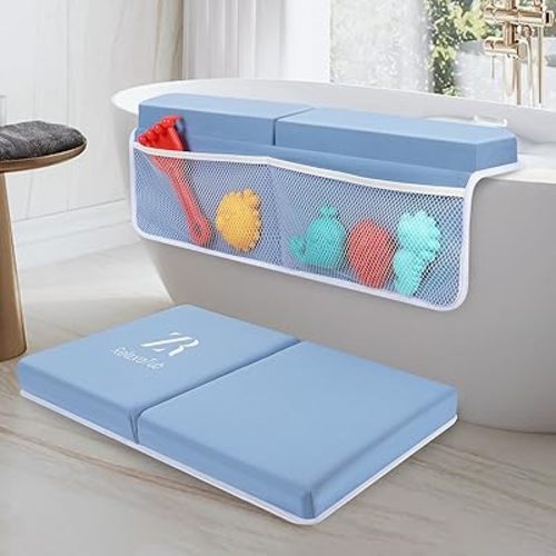 Bath Kneeler and Elbow Rest Pad Set - 2 inch Comfortable Thick Baby Bath Kneeler Pads, with Toy Organizer Pockets - Quick Drying, Foldable, Non-Slip for Baby and Toddler Bathing (Blue)