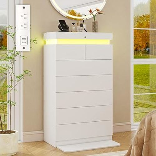 Vipbear White Tall 7 Drawer Dresser with LED Light and Power Outlet, 51.3" Modern Chest of 5+2 Drawers with Sliding Top Lock, Large Vertical Storage Cabinet for Bedroom, Closet, Living Room