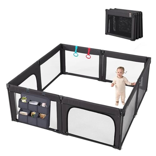 Baby Playpen Foldable, Shape & Size Adjustable Playpen for Toddler, 79x71 Large Baby Play Pens Safety Mesh Foldable Playard for Babies, Portable Baby Fence Play Area Kids Play Pen, Black