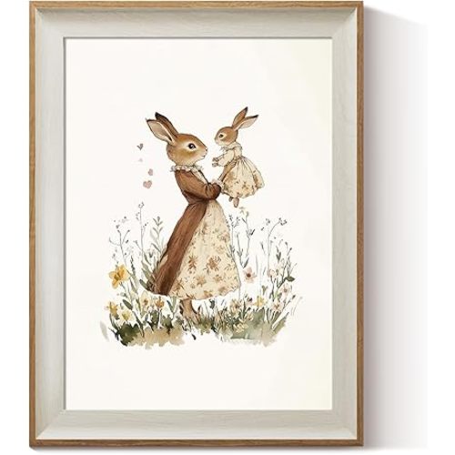 ARPEOTCY Framed Canvas Wall Art, 12x16 Inch Vintage Bunny Mom and Baby Rabbit Print, Nursery Wall Decor for Baby Room, Girls Bedroom or Mother's Day Gift