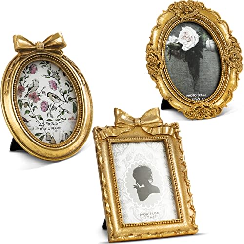 Vicenpal 3 Pcs Tiny Small Picture Frames Vintage Oval Resin Gold Black Vintage Baroque Ornate Antique Picture Frames for Home Wedding Display(2.5 x 3.5 Inch,Gold)