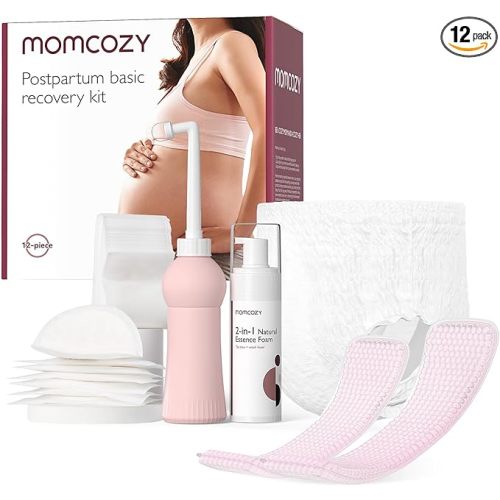Momcozy Postpartum Recovery Essentials Kit, Labor Delivery Mom Care Kit, Self-Absorbent Disposable Underwear Nipple Nursing Pads Upside Down Peri Bottle Cold Pads Cooling Foam Canvas Bag Set - Red