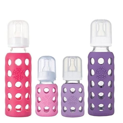 Lifefactory Glass Baby Bottles with Silicone Protection - 4-PACK, 4 oz/9 oz Bottles, (1- Pink, 1- Raspberry, 1- Lavender & 1- Grape)