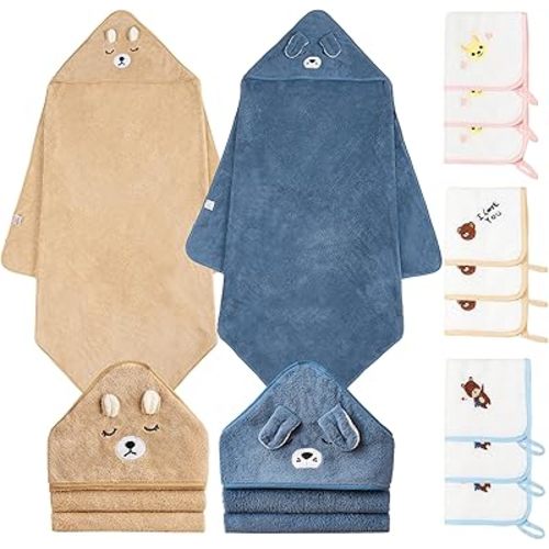 Hooded Towel for Baby, 2 Pack Coral Fleece and 9 Baby Washcloths, Soft and Absorbent Baby Towels Large 35.5x35.5 Inch Shower Towel Gift for Newborns, Infants and Toddlers (Navy Blue Dog+Brown Bear)