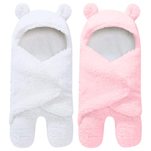 2 Pack Ultra Warm Sherpa Plush Baby Swaddle Wrap - Newborn Essentials for 0-6 Months - Shower Gifts for Boys Girls - Pink and White