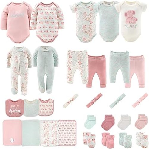 The Peanutshell Baby Layette Gift Set for Girls - 30 Piece New Born Girl Gift Set, Baby Clothes & Newborn Essentials Must Haves - Newborn Clothes 0-3 Months - Floral Elephant