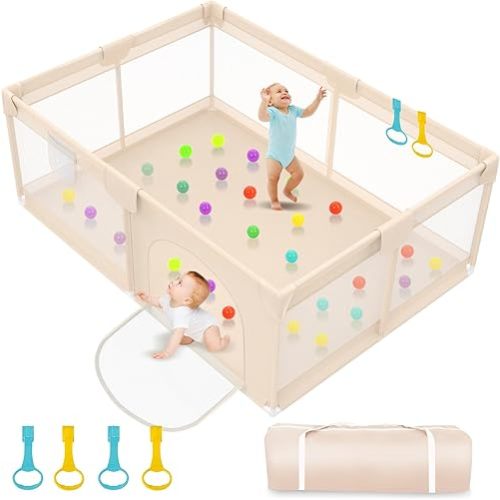 Playpen for Babies and Toddlers 71x59inch - Extra Large Baby Gate Play Pen with Soft Breathable Mesh Cover - Indoor and Outdoor Baby Play Fence - Portable Playpen for Babies (Apricot)