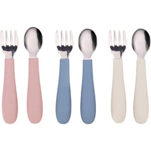 WeeSprout Toddler Utensils, 3 Forks & 3 Spoons, 18/8 Stainless Steel & Food Grade Silicone, Thick Easy-Grip Handles, Perfect Length For New Self Feeders, Gentle On Gums & Teeth, Dishwasher Safe