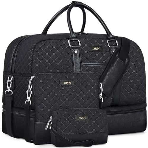 IBFUN Weekender Bags for Women, Large Overnight Bag Canvas Travel Duffel Bag Carry On Tote with Shoe Compartment 21" 3Pcs Set