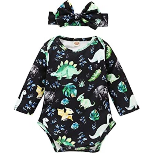 YOUNGER TREE Infant Baby Girl Dinosaur Plant Romper Long Sleeve Cartoon Print Bodysuit with Headband 2Pcs Outfits Clothes