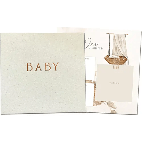 Peachly Unisex Baby Memory Book | Minimalist Baby First Year Keepsake for Milestones | Baby Books First Year Memory Book | Simple Baby Scrapbook for Boy Girl Milestones | Natural Linen - Haven