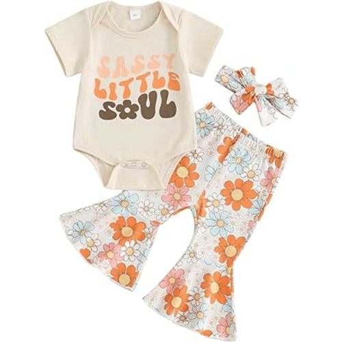 Karuedoo Newborn Baby Girl Summer Outfits Sassy Little Soul Romper Boho Floral Flared Pants Headband 3Pcs Clothes Set