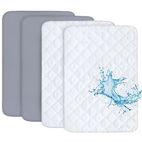 Biloban Pack and Play Sheets and Waterproof Mattress Protector Pad Cover 4 Pack Set, Ultra Soft, Grey, Noiseless Waterproof, Machine Wash
