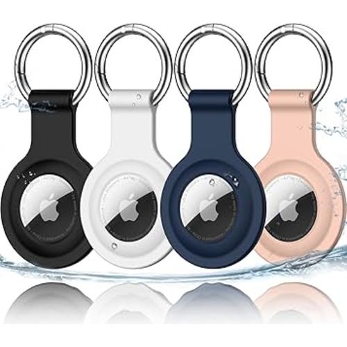 R-fun Airtag Holder with Keychain, [4 Pack] Silicone AirTag case cover with Key Rings for Wallet, Dog Collar, Luggage, and Keys-Black/White/Navy/Sand Pink