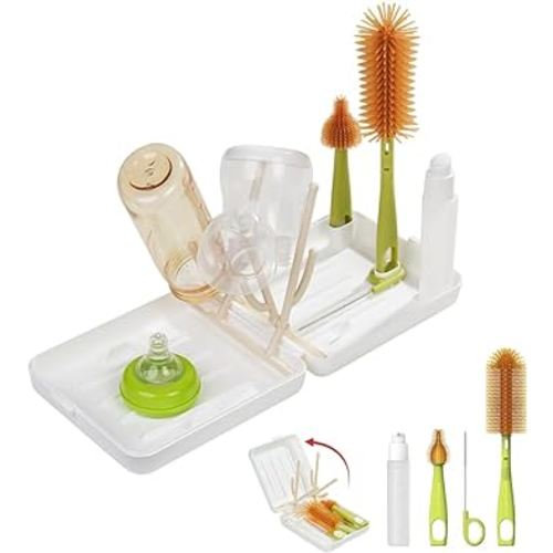 Travel Bottle Brush, Travel Bottle Cleaner Kit with Foldable Bottle Drying Rack, for Visit Friends and Relations, Baby Travel Essentials, BPA Free, White