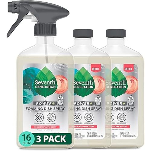 Seventh Generation Foaming Dish Spray, Honey Crisp Apple 16 Fl Oz (Pack of 3), Refill Pack of 3 with 1 Sprayhead