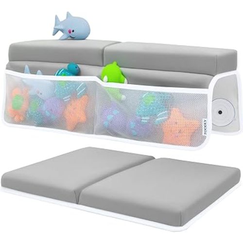 Baby Bath Kneeler and Elbow Rest Pad Set - Baby Bath Support for Knees and Elbows - Bath Kneeler Pad with Memory Foam and Bath Toys Organizer - Ideal Bath Kneeling Pad for Bathing Baby - Grey