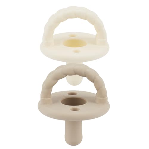Itzy Ritzy Silicone Pacifiers for Ages 6-18 Months - Itzy Soother Pacifiers Feature Collapsible Handle & Two Air Holes for Added Safety; Set of 2 in Toast & Buttercream, Ages 6-18 Months