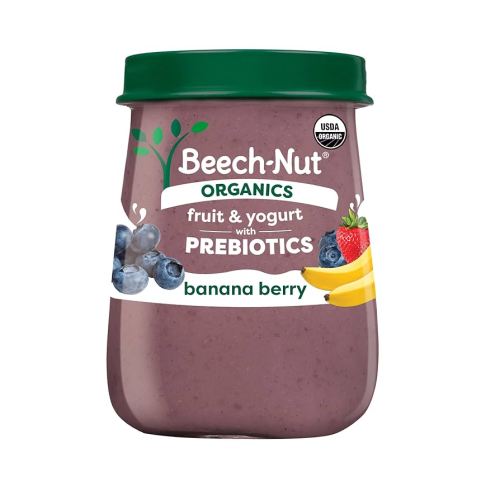 Beech-Nut Organic Fruit & Yogurt Baby Food Jars with Prebiotics, Organic Banana Berry & Yogurt Puree, Stage 2 Baby Food for Babies 6 Months and Up, Non-GMO, 4oz Glass Jars, 10ct