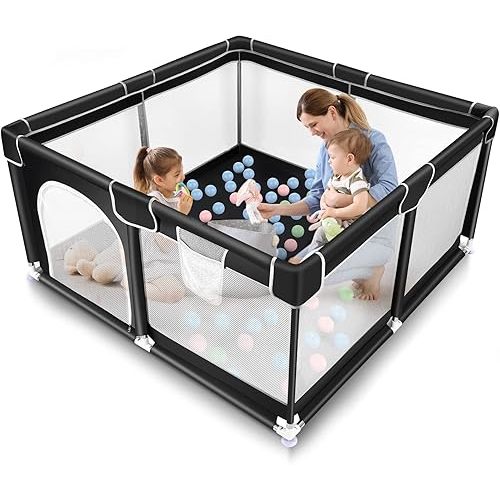 Tmsene Baby Playpen, Play Pens for Babies and Toddlers, Indoor & Outdoor Playard for Kids Activity Center, Sturdy Safety Baby Fence with Breathable Mesh, Black