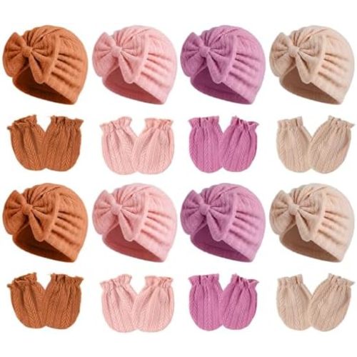 8 Sets Newborn Baby Hats & Mittens Cotton Preemie Infant Bow Beanies Caps Gloves Hospital New Born Boy Girl 0-3 Month